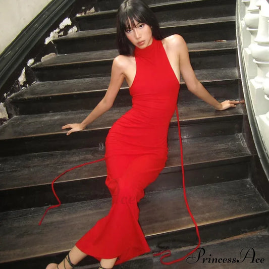 Elegant Off Shoulder High Waist Slim Long Red Luxury Evening Christmas Party Dress Dresses-L