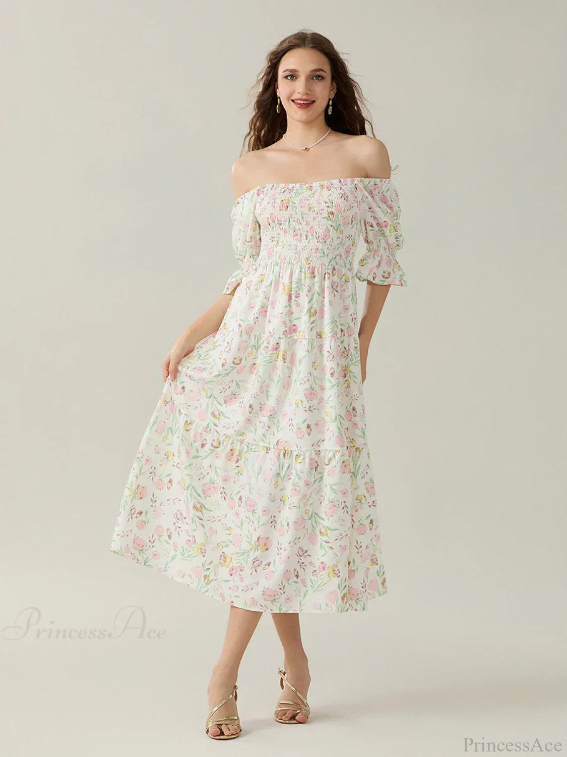 Elegant Off-Shoulder Party Half Sleeve Square Neck A-line Floral Dress floraldress-250126