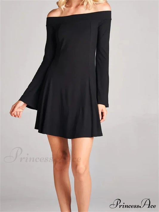 Elegant Off Shoulder Solid Color Long Sleeve Party Mini Dress