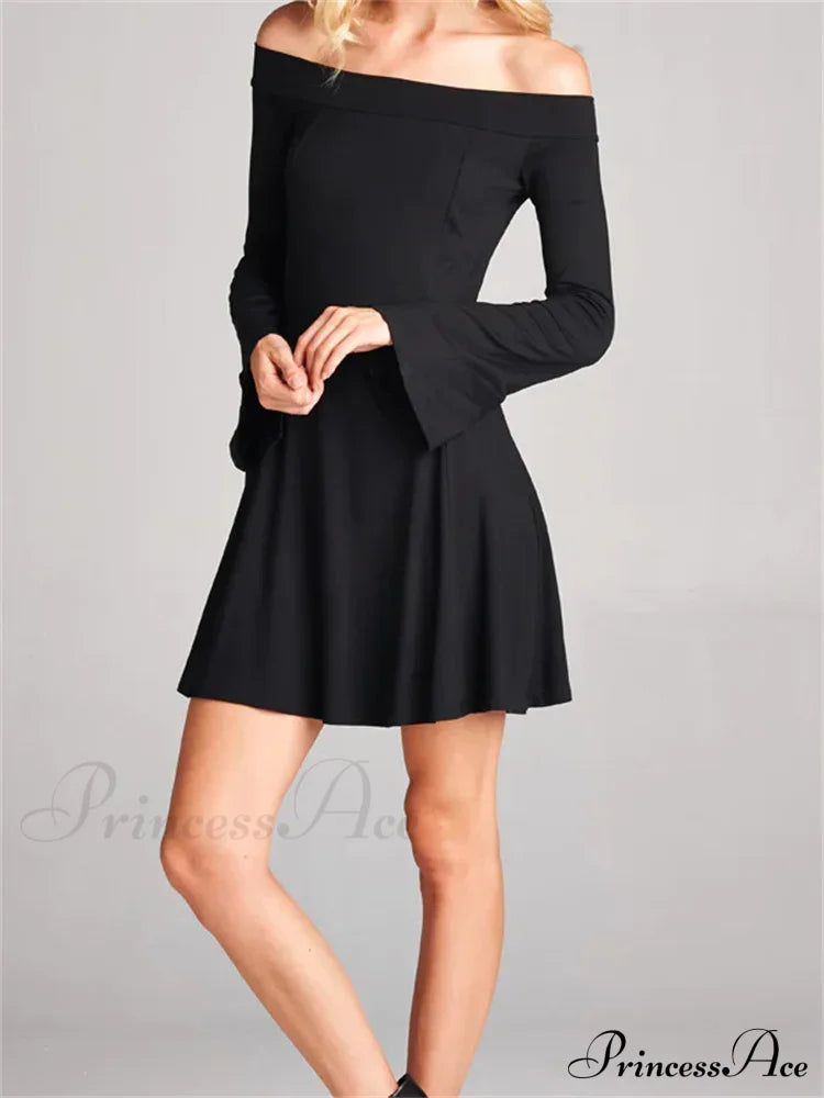 Elegant Off Shoulder Solid Color Long Sleeve Party Mini Dress