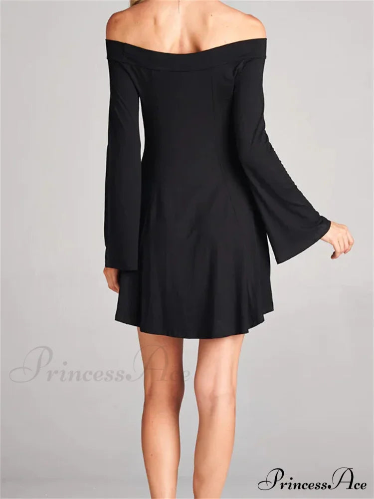 Elegant Off Shoulder Solid Color Long Sleeve Party Mini Dress