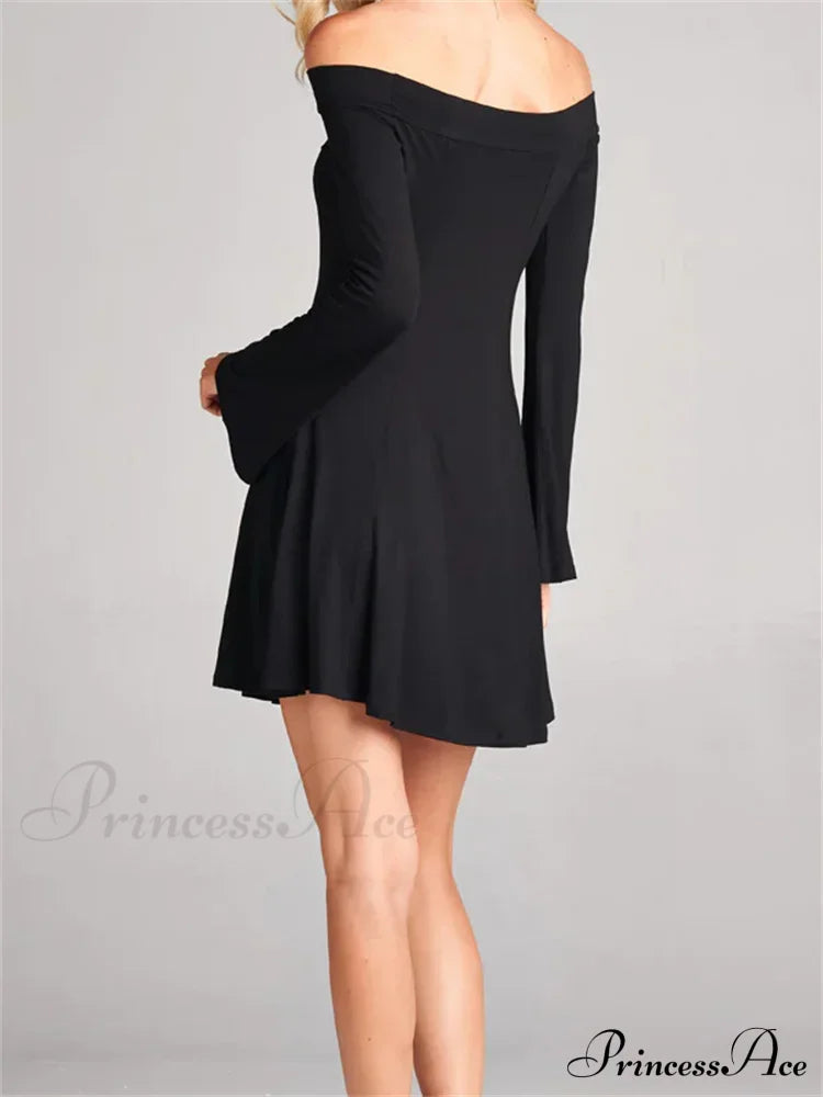 Elegant Off Shoulder Solid Color Long Sleeve Party Mini Dress