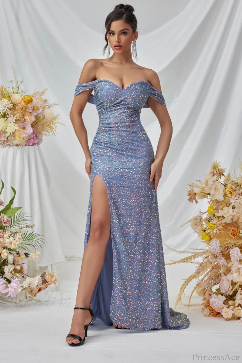 Elegant Off-The-Shoulder Sequin High Slit Fitted Evening Dress
