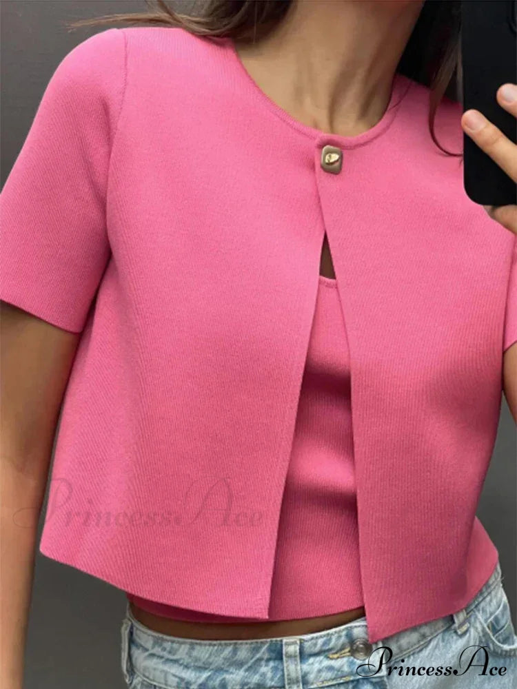 Elegant One Button Red Short Sleeve Cardigan 01 Rose / S Cardigan-241208