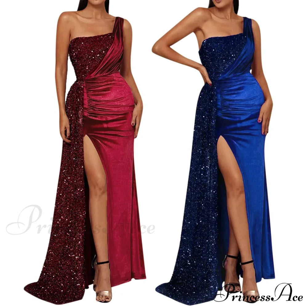 Elegant One Shoulder Draped Split Wedding Party Prom Formal Long Gown Christmas Dress Dresses-L