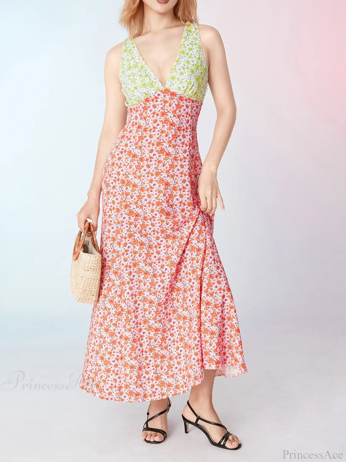 Elegant Patch Color Floral Flowy Backless V-neck Tank Beach Floral Dress floraldress-250126