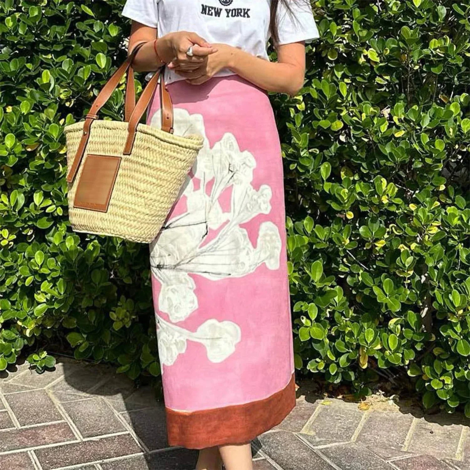 Elegant Pink Floral Printed Mid Waist Slit Midi Pencil Skirt Pink / S skirt-250126