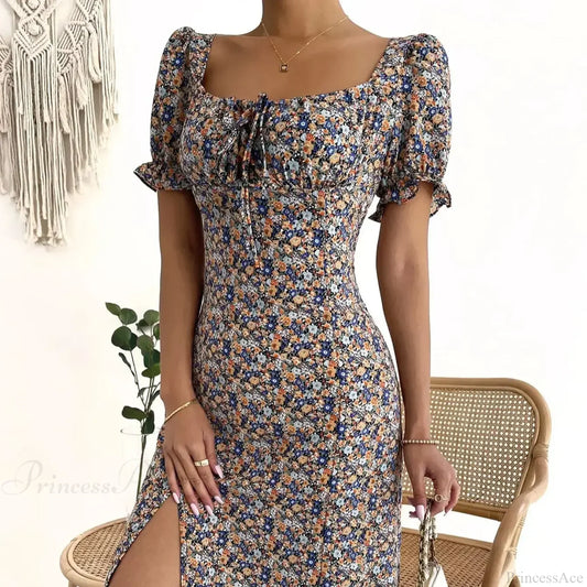 Elegant Pleated A-line Floral Print Casual Dress Mixed Color / S oldfloraldress-250126