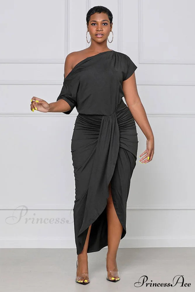 Elegant Pleated One-Shoulder Dress Midi Dresses