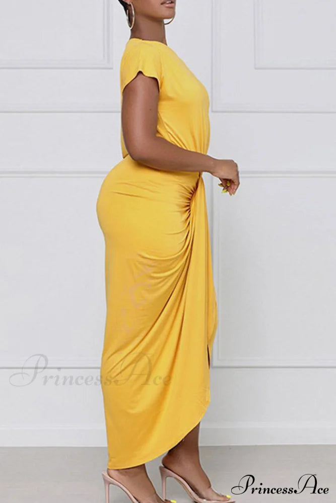 Elegant Pleated One-Shoulder Dress Yellow / L Midi Dresses