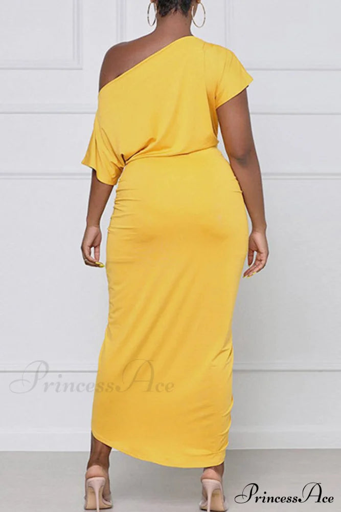 Elegant Pleated One-Shoulder Dress Yellow / M Midi Dresses