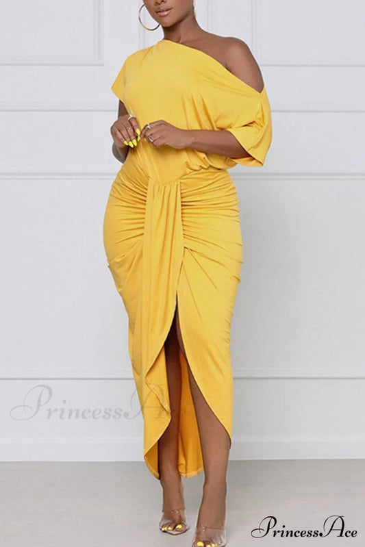 Elegant Pleated One-Shoulder Dress Yellow / S Midi Dresses