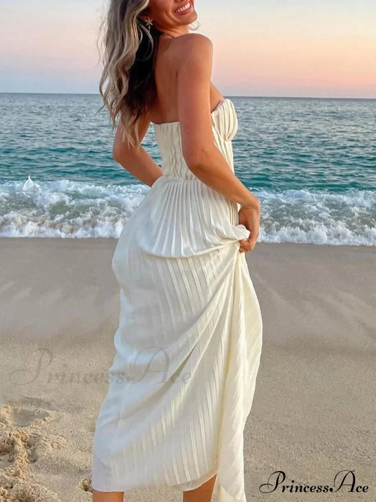 Elegant Pleated Stylish Strapless Maxi Dress Dresses