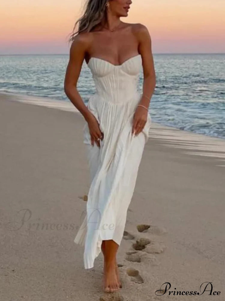 Elegant Pleated Stylish Strapless Maxi Dress Dresses