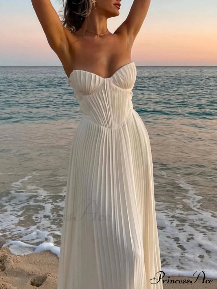 Elegant Pleated Stylish Strapless Maxi Dress Dresses