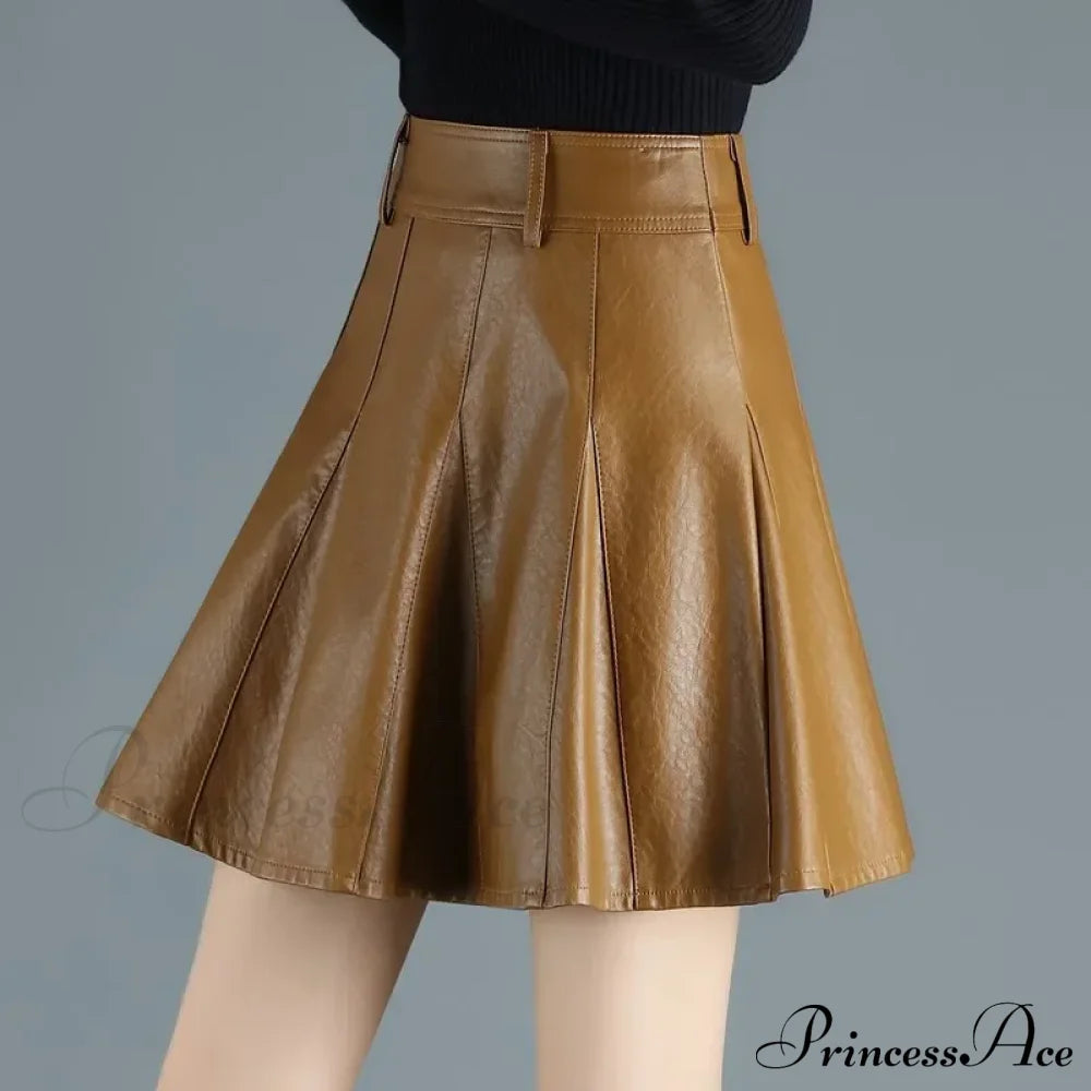 Elegant Plus Size New Fashion Korean Genuine Real Leather High Waist Sexy Skirt Brown / S