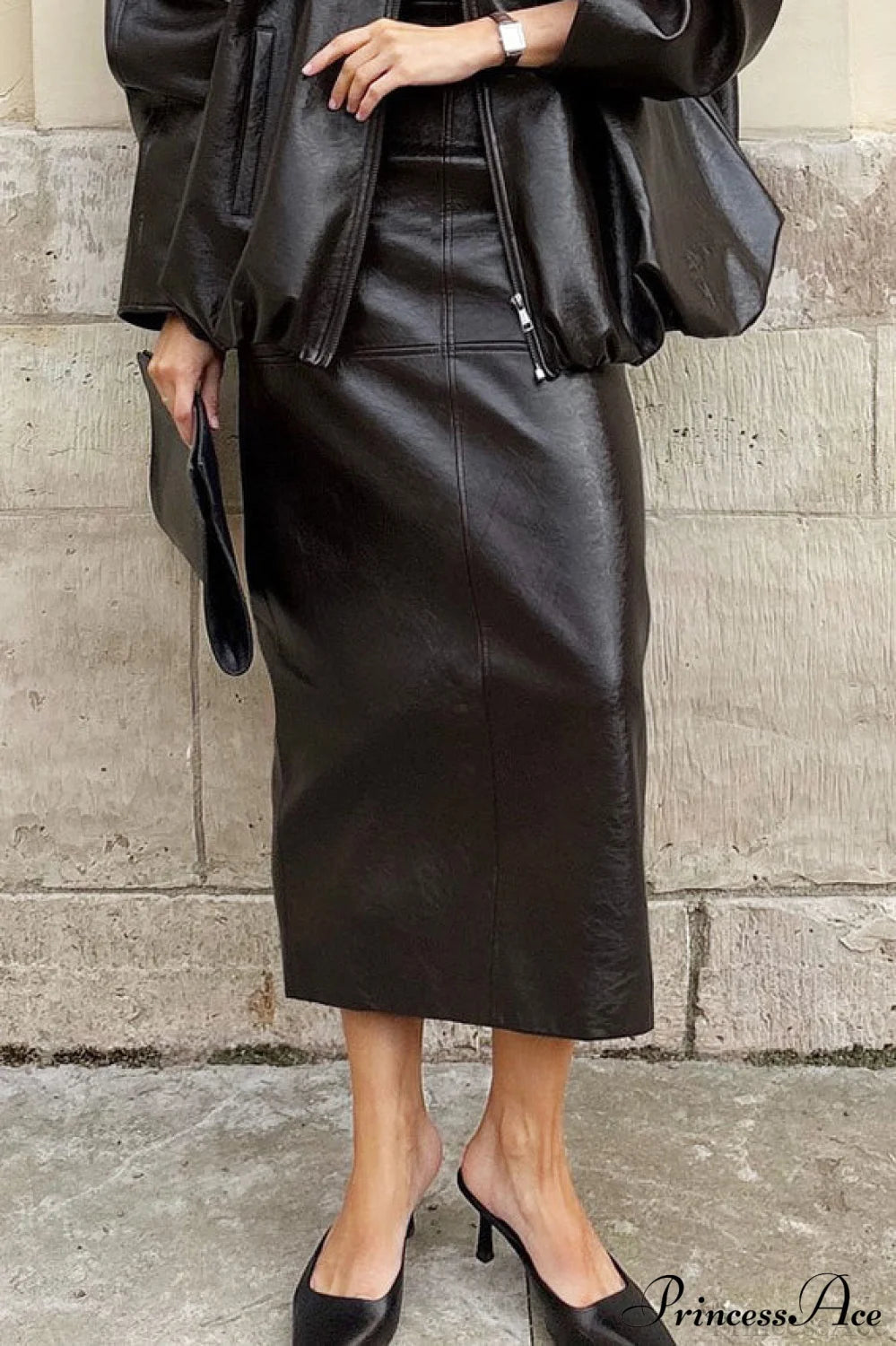 Elegant PU Leather Midi Slit Skirt Black / S