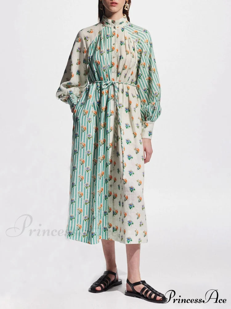 Elegant Puff Sleeve Charming Printed Shirt Dress Blue / S Dresses