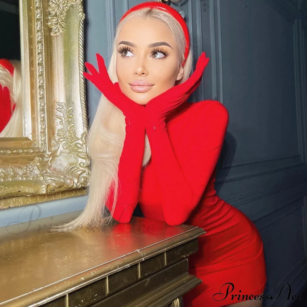 Elegant Red Long Sleeve Gloves Christmas Bodycon Dresses