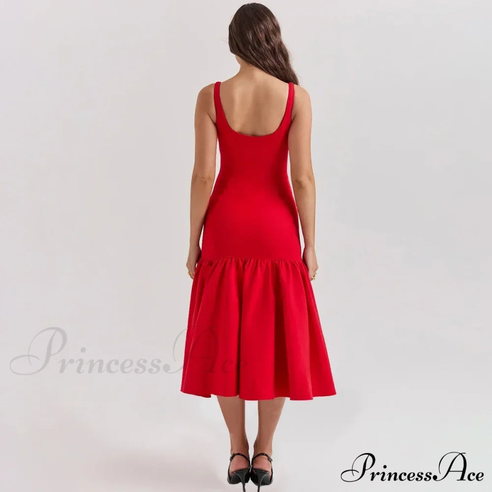 Elegant Red Spaghetti Strap Midi Holiday Dress Casual Birthday Party Dresses Christmas Dresses-L