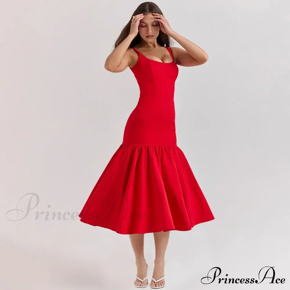 Elegant Red Spaghetti Strap Midi Holiday Dress Casual Birthday Party Dresses Christmas Dresses-L