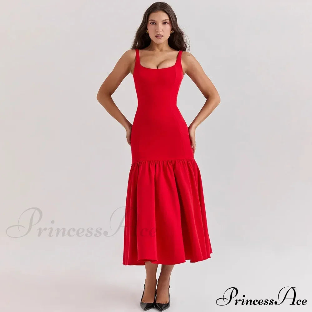 Elegant Red Spaghetti Strap Midi Holiday Dress Casual Birthday Party Dresses Christmas / Xs