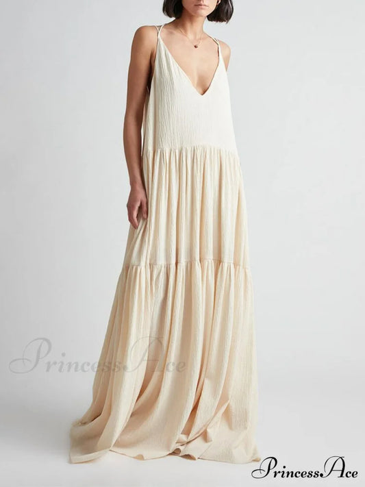 Elegant Resort Deep Charming V-Neckline Strappy Maxi Dress Beige / S Dresses