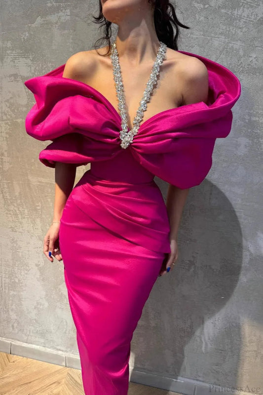 Elegant Rhinestone Halter Off-the-Shoulder Bodycon Wedding Dress Rose red / S