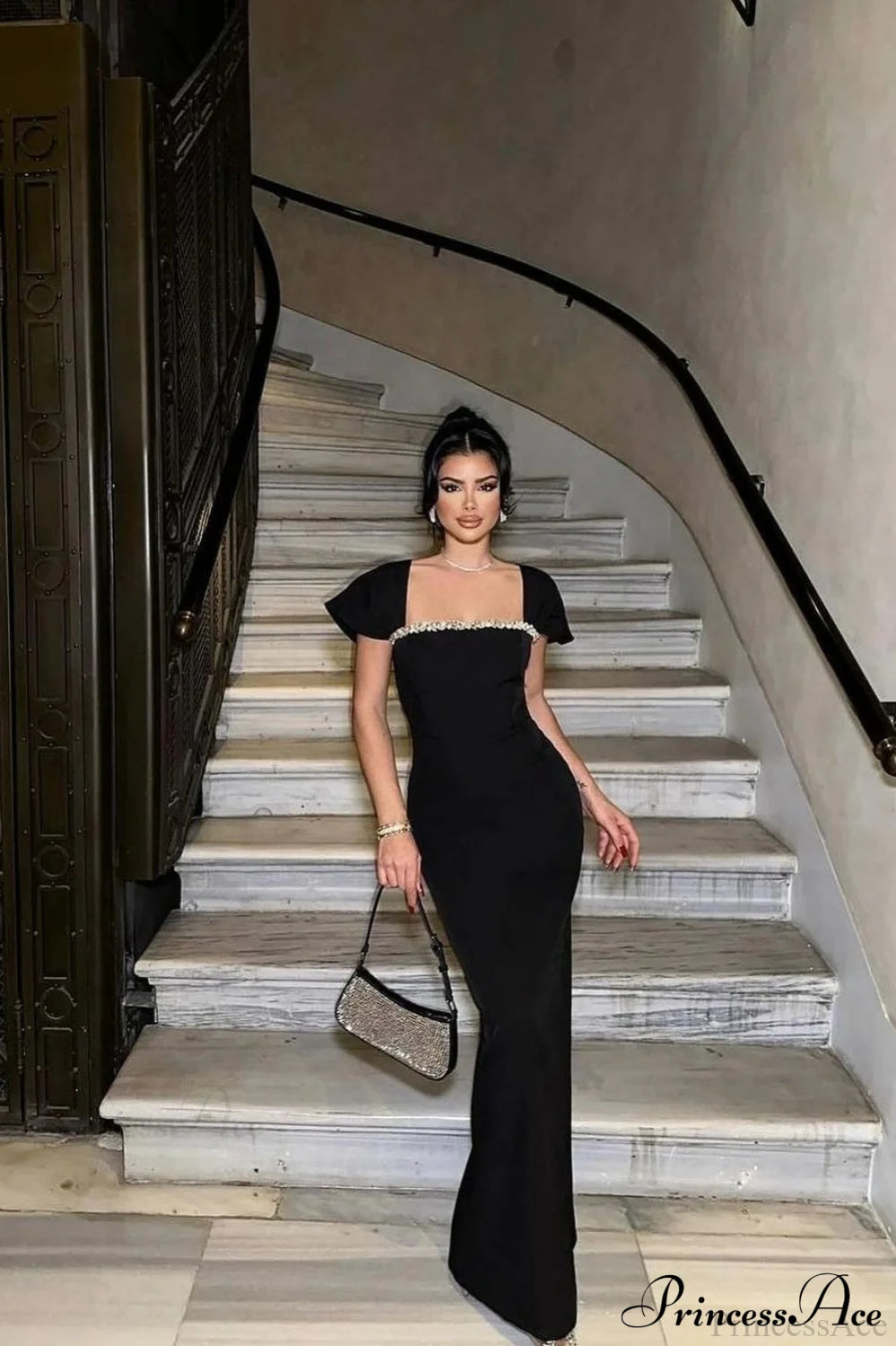 Elegant Rhinestone Strappy Party Dress Black / XS