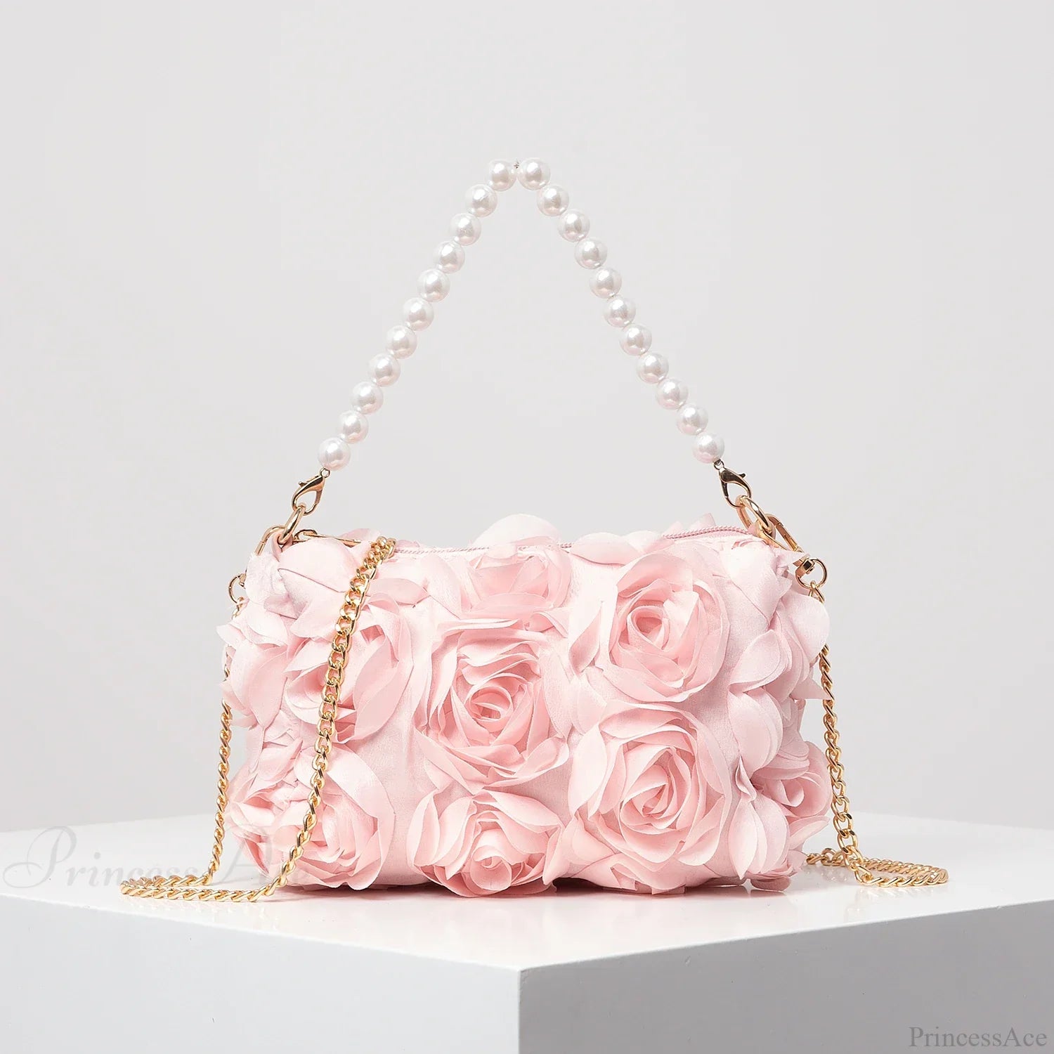Elegant Rose Flower Faux Pearl Metal Chain Clutch Bag Pink clutchbag-250126