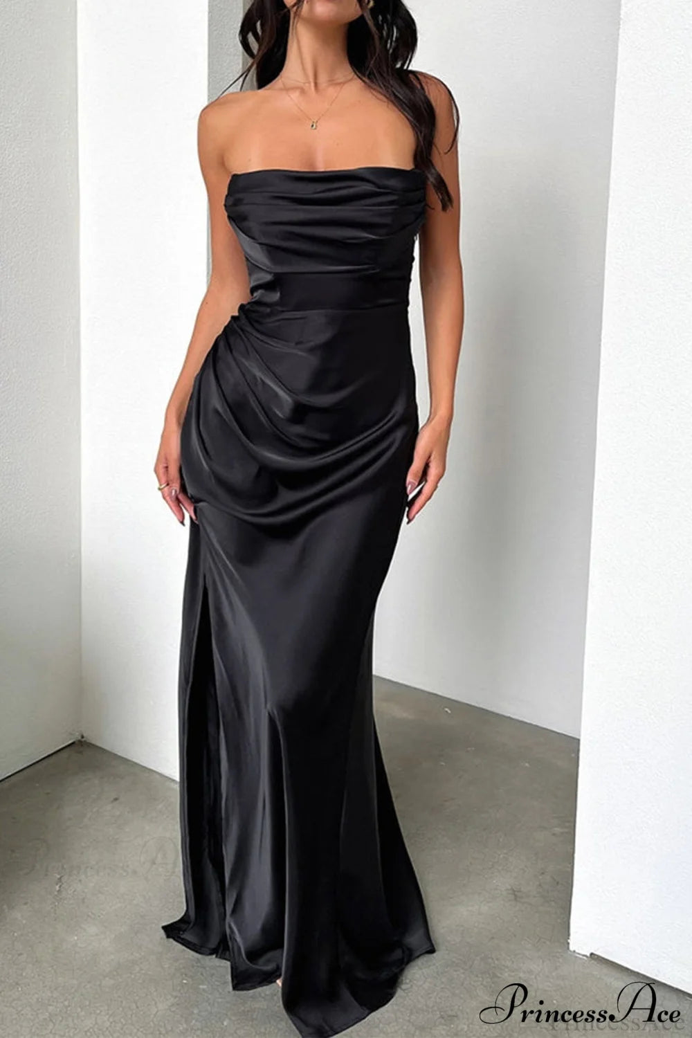 Elegant Ruched Side Slit Party Dress Black / S