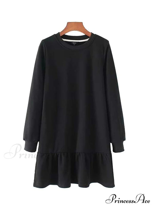 Elegant Ruffled Hem Basic Dress - Women’s Long Sleeve S / Black Dresses