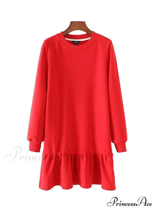 Elegant Ruffled Hem Basic Dress - Women’s Long Sleeve S / Red Dresses