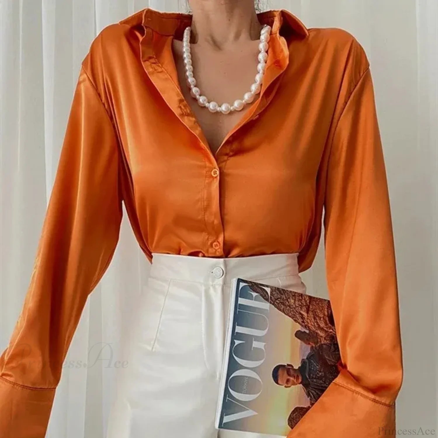 Elegant Satin Blue Long Sleeve Vintage Blouse Orange / S blouse-250126