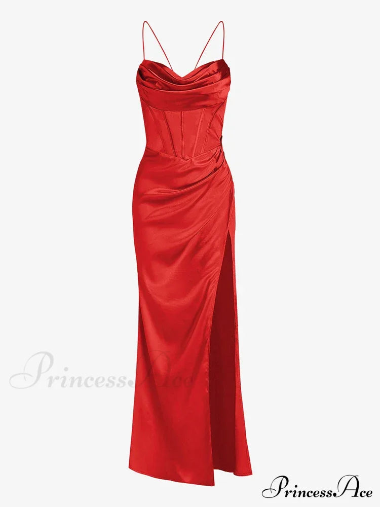 Elegant Satin Cowl Front Lace Up Corset Red Christmas Party Dress Dresses-L