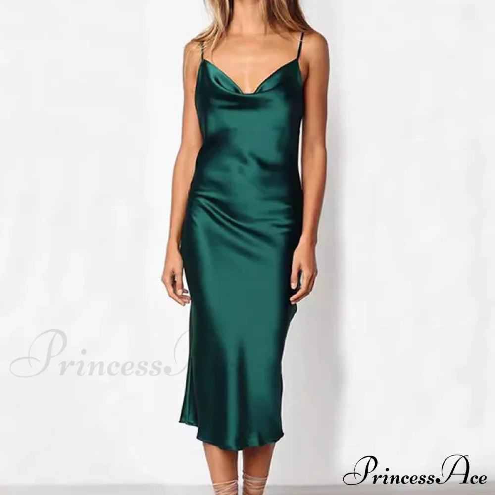 Elegant Satin Long Dresses Green Party Sexy Evening Backless Summer Christmas Dress Dresses-L