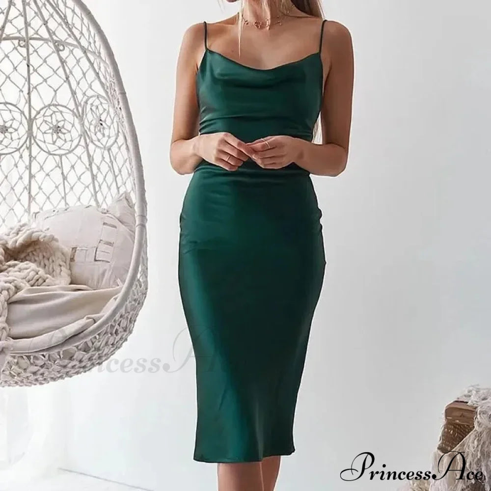 Elegant Satin Long Dresses Green Party Sexy Evening Backless Summer Christmas Dress Dresses-L