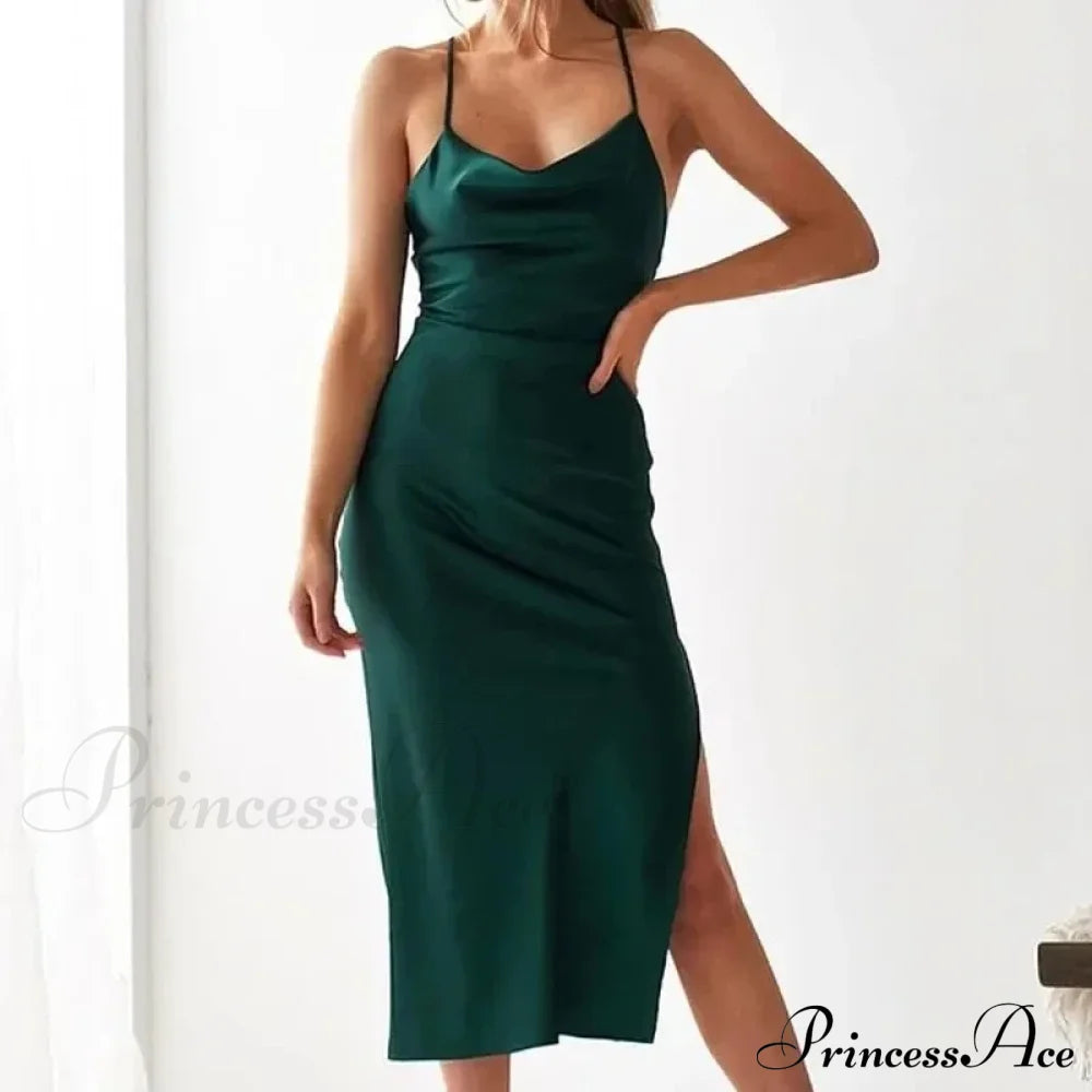 Elegant Satin Long Dresses Green Party Sexy Evening Backless Summer Christmas Dress Dresses-L