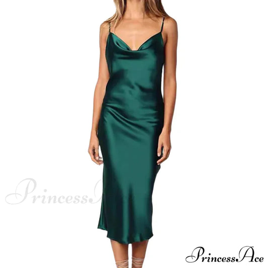 Elegant Satin Long Dresses Green Party Sexy Evening Backless Summer Christmas Dress / S Dresses-L