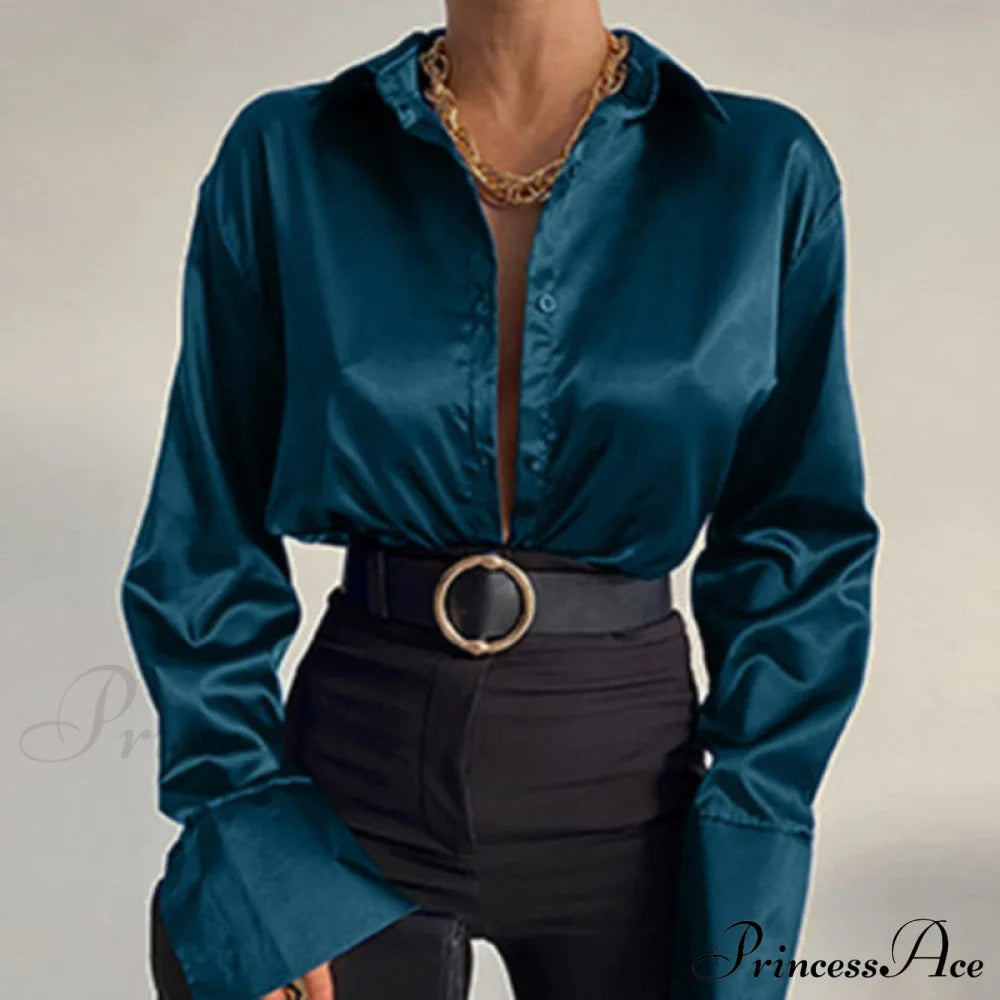 Elegant Satin Long Sleeve Blouses Blackish Green / S