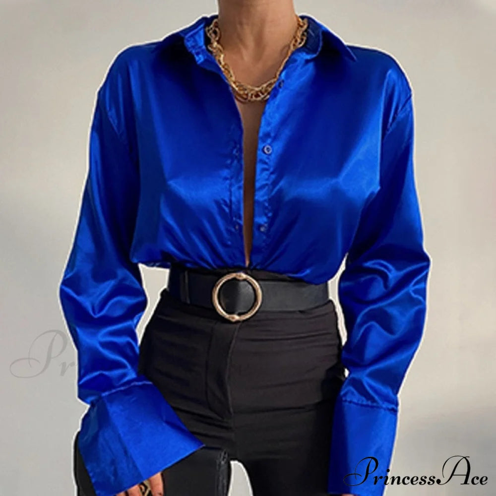 Elegant Satin Long Sleeve Blouses Blue / S