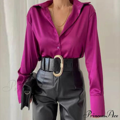 Elegant Satin Long Sleeve Blouses Fuchsia / S