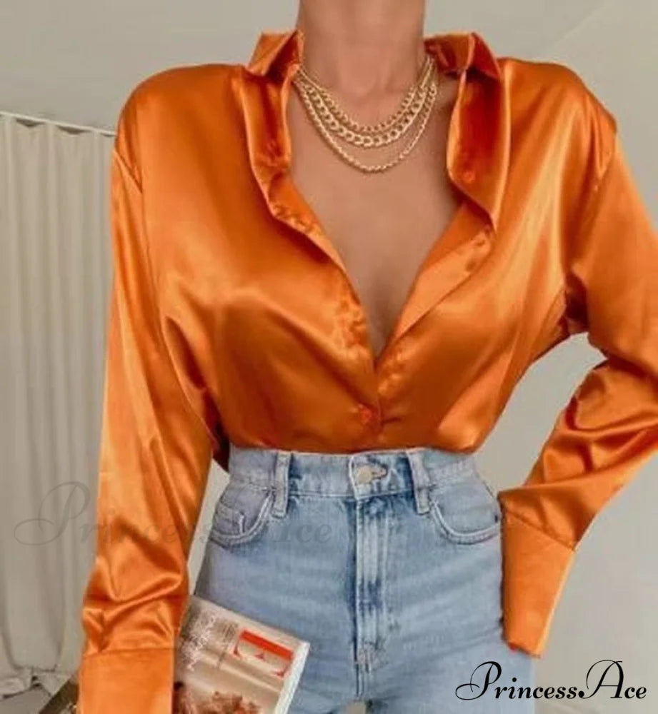 Elegant Satin Long Sleeve Blouses Orange / S