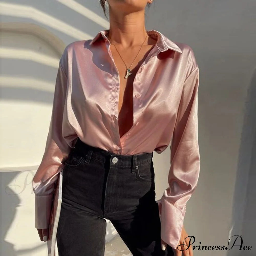 Elegant Satin Long Sleeve Blouses Pink / S