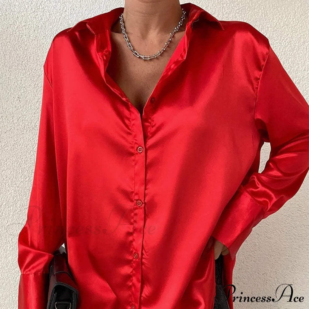 Elegant Satin Long Sleeve Blouses Red / S