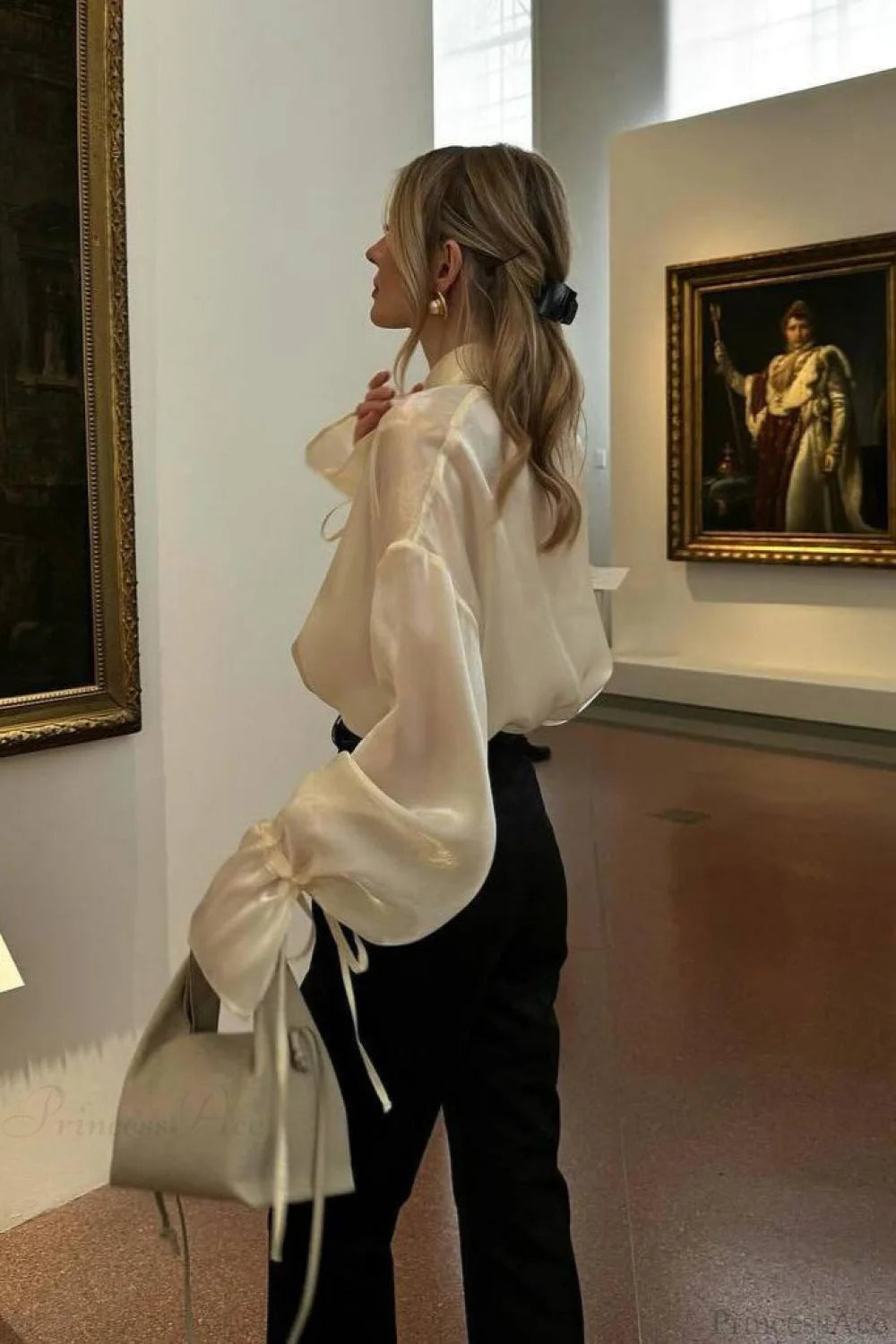 Elegant Satin Tie-Waist Loose Long Sleeve Blouse