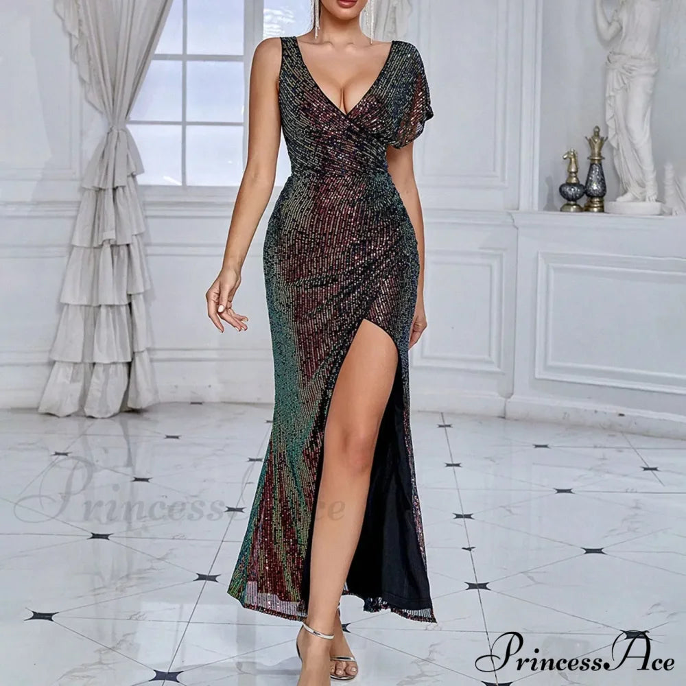 Elegant Sequined One-Shoulder Ruffled Side-Split Draped Evening Prom Maxi Dress