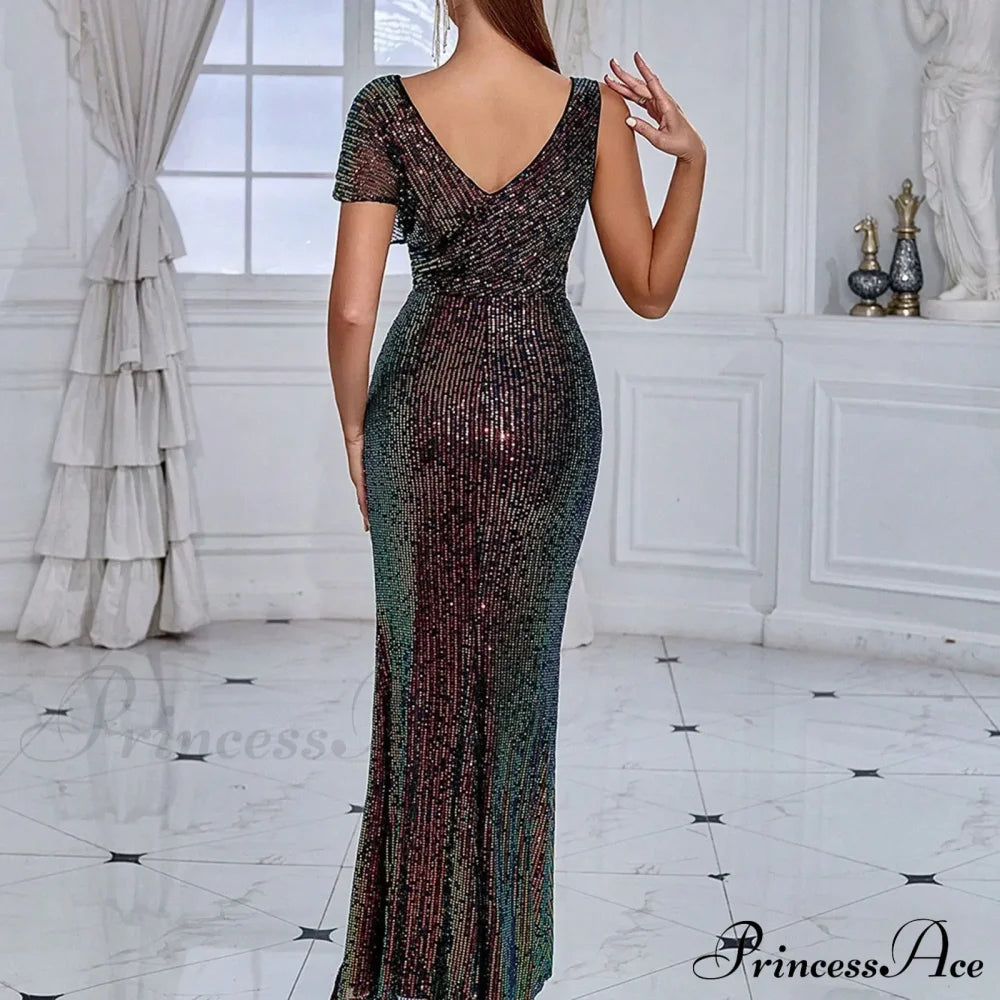 Elegant Sequined One-Shoulder Ruffled Side-Split Draped Evening Prom Maxi Dress