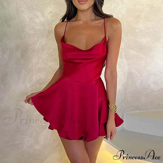 Elegant Sexy Backless Ruffled Halter Red Skirt Summer Evening Party Christmas Dress Dresses-L