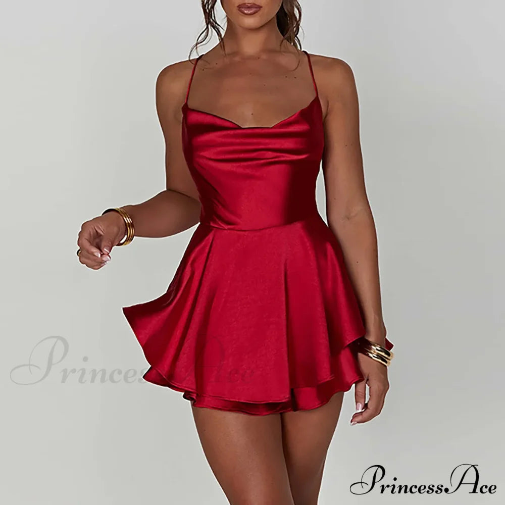 Elegant Sexy Backless Ruffled Halter Red Skirt Summer Evening Party Christmas Dress Dresses-L